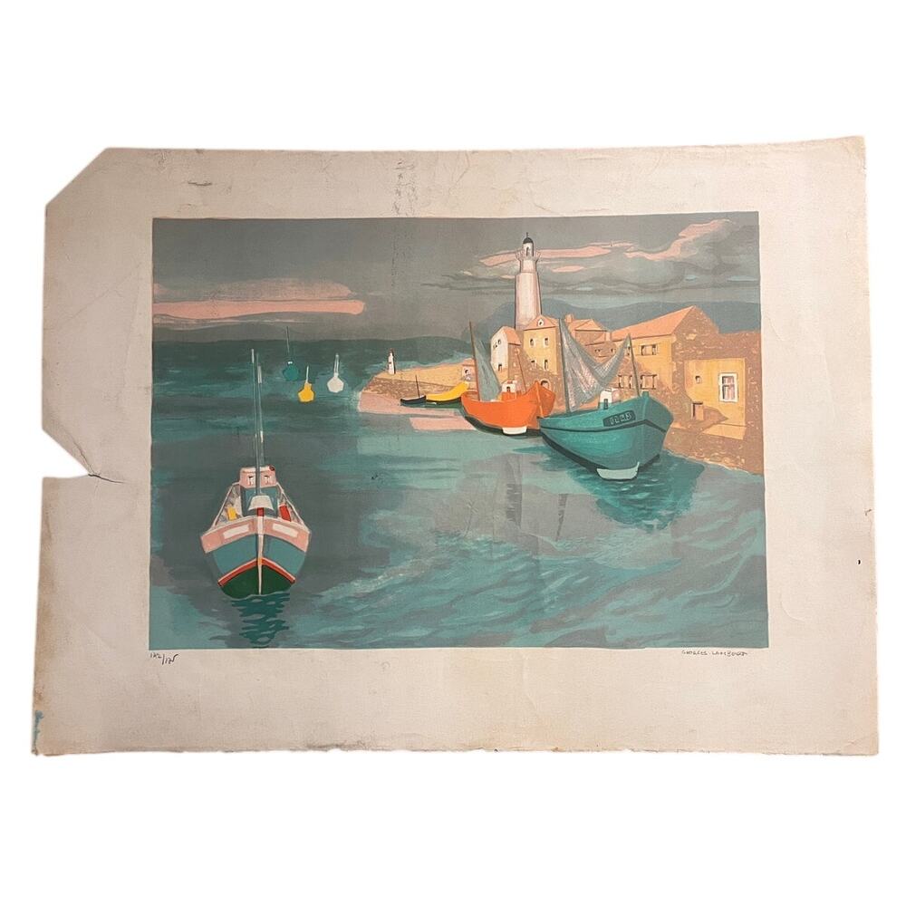 Vintage Georges Lambert Color Lithograph Signed Numbered Art Boats Lighthouse